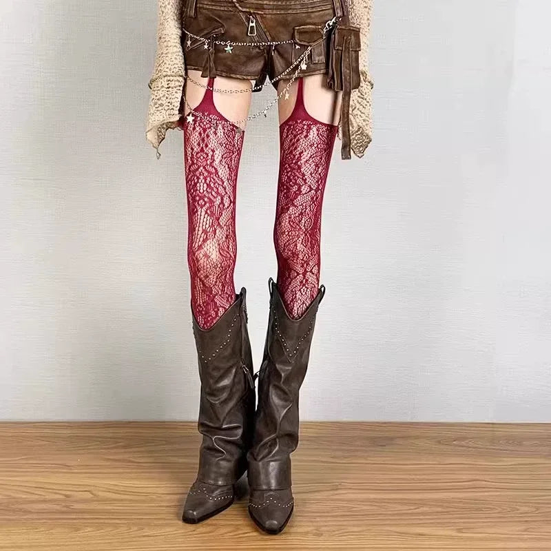 Collants Floraux Bas Colorés Cuissardes Résille Transparents Porte-Jarretelles