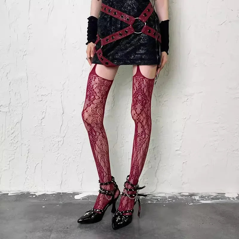 Collants Floraux Bas Colorés Cuissardes Résille Transparents Porte-Jarretelles
