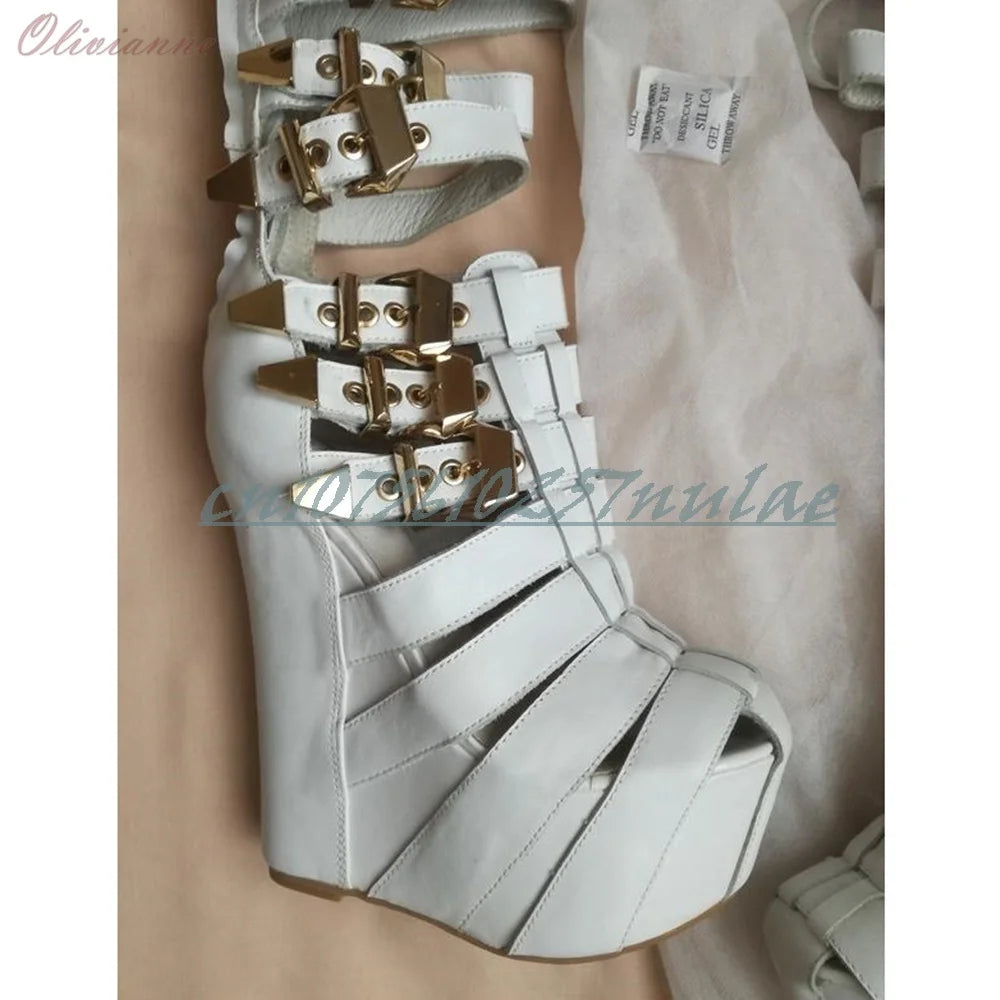 Sandales compensées à talons hauts en cuir blanc, design creux sexy
