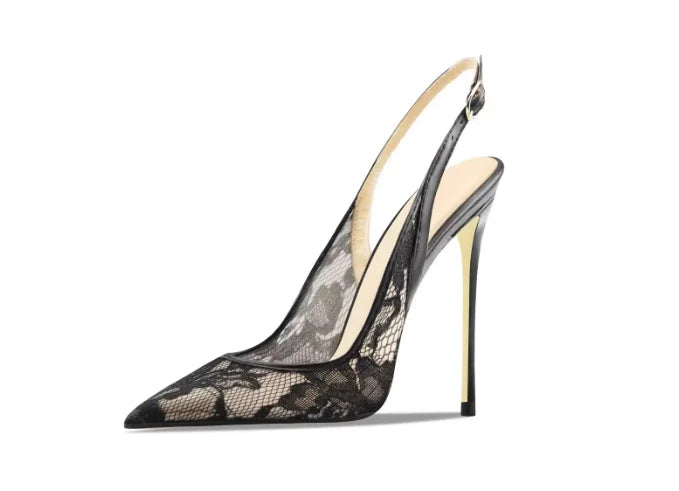 Sandales à talons hauts en dentelle noire avec bouts pointus
