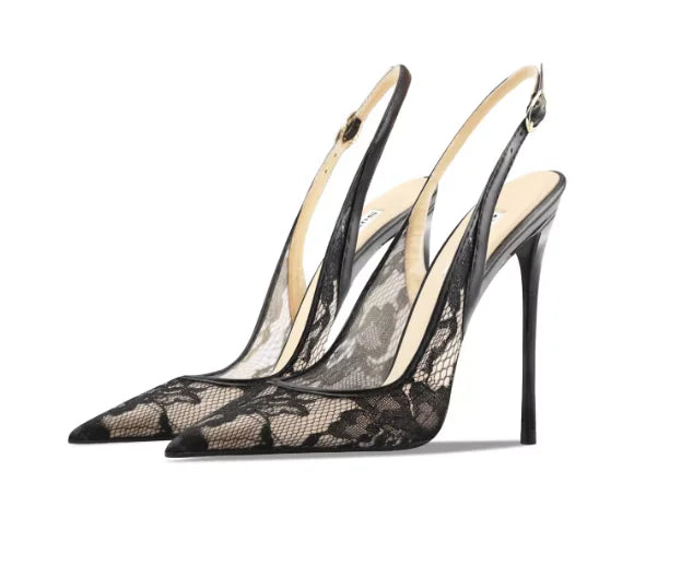 Sandales à talons hauts en dentelle noire avec bouts pointus