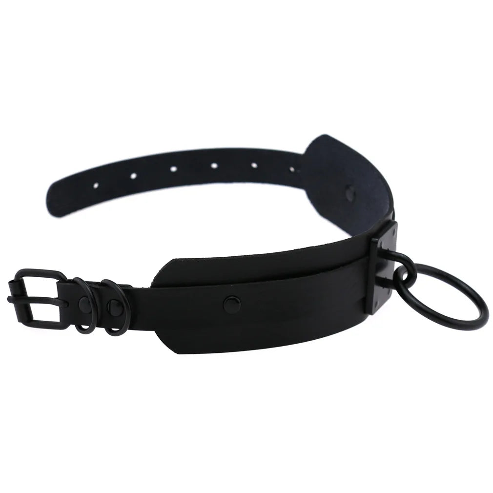 Collier ras du cou noir rond en métal et cuir