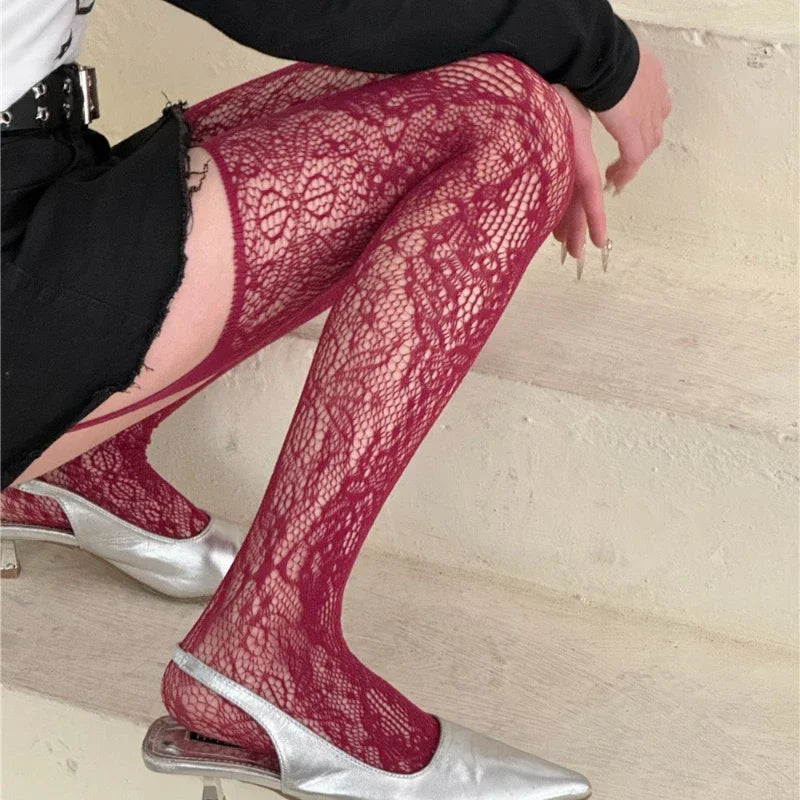 Collants Floraux Bas Colorés Cuissardes Résille Transparents Porte-Jarretelles