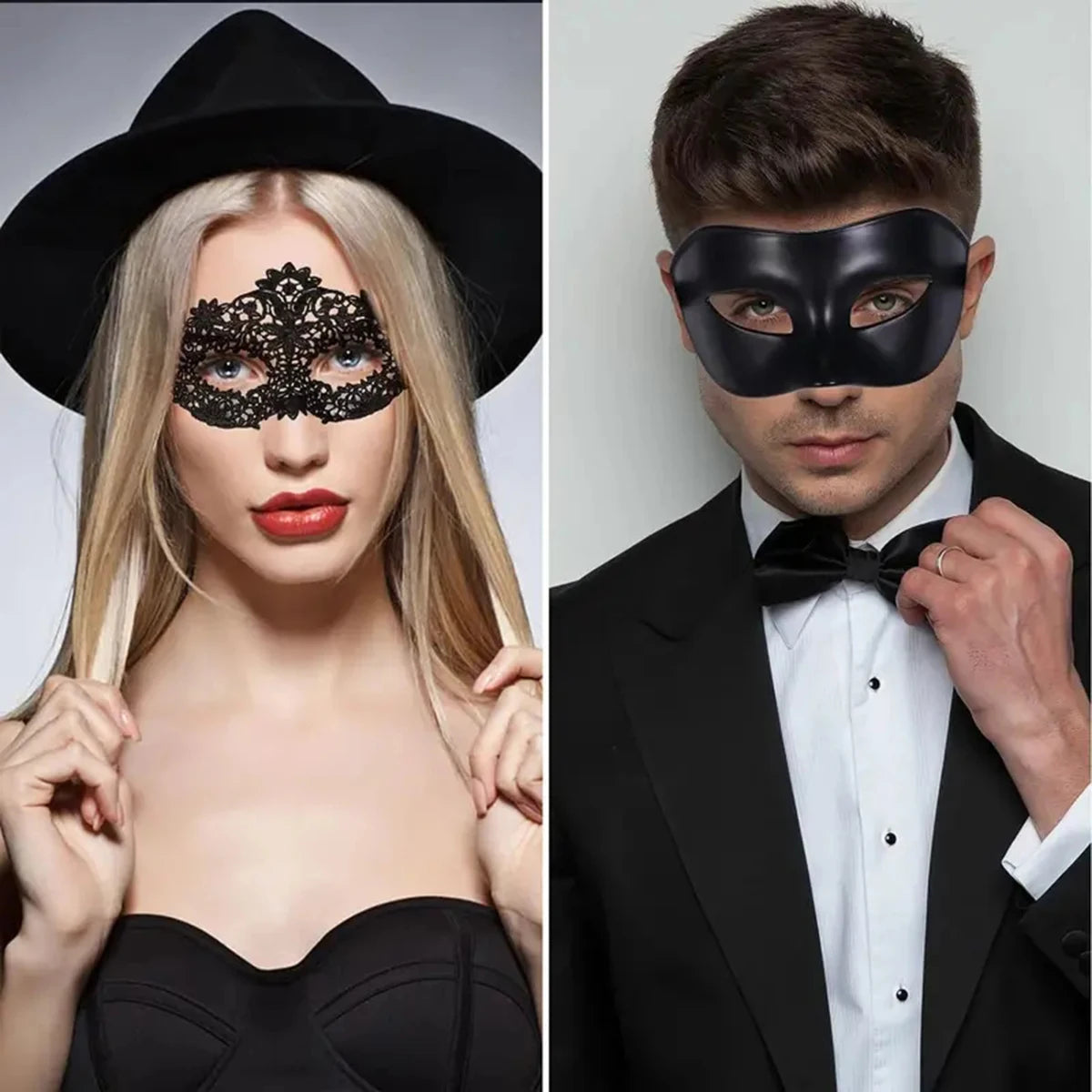 Ensemble de 2 masques de mascarade élégants en dentelle noire pour couples
