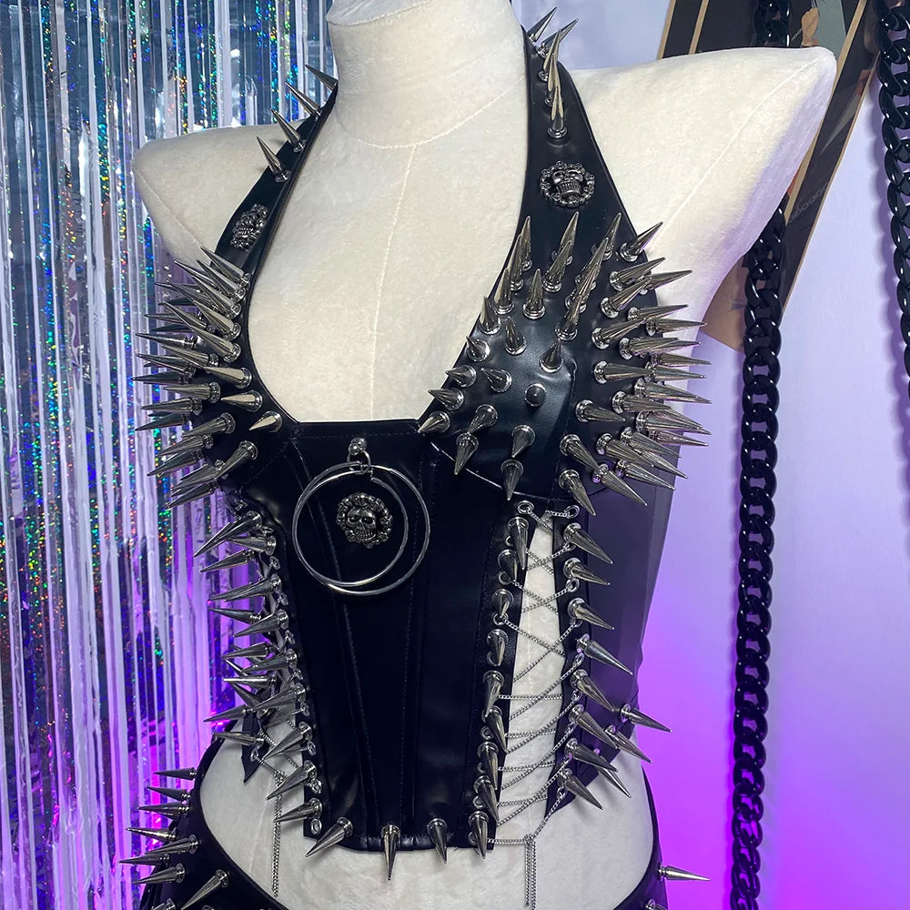 Bustier clouté en cuir vegan, style gothique, court et sexy