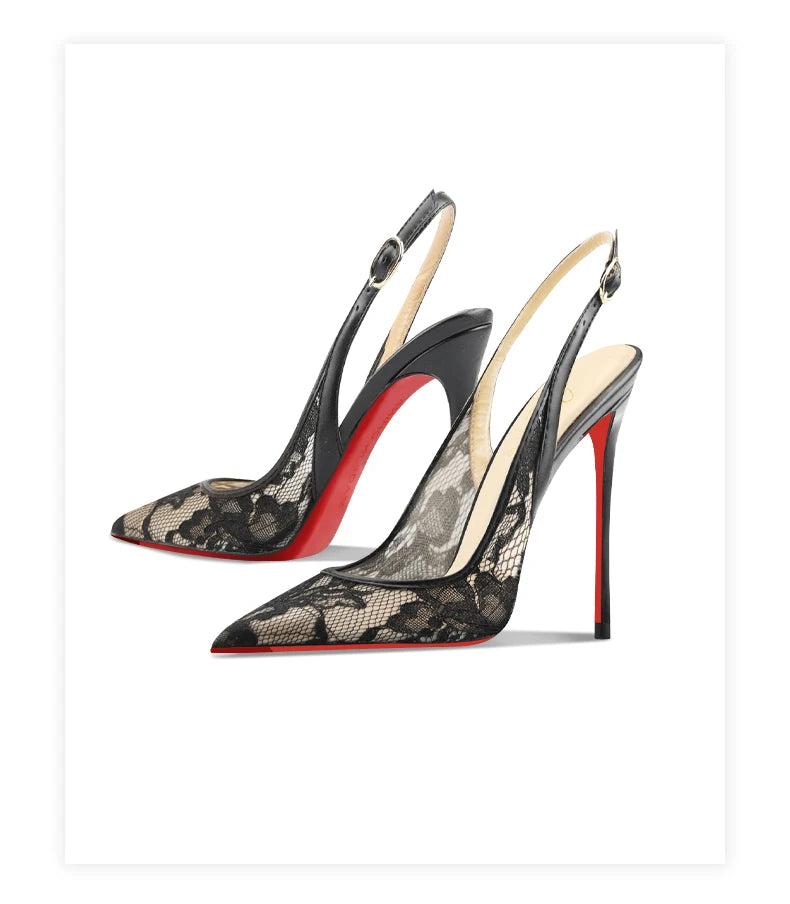 Sandales à talons hauts en dentelle noire avec bouts pointus