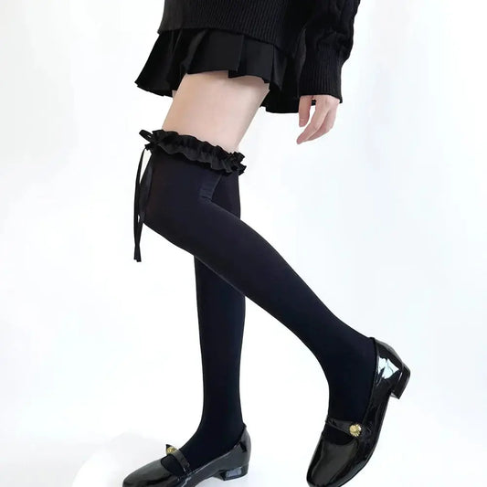 1 paire de bas doux, en dentelle, nœud, cuissardes Clickbing Market