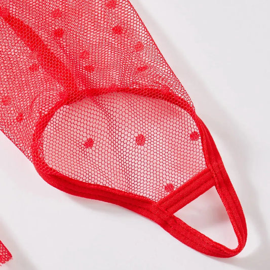 Lingerie sexy dentelle perspective tentation jarretelle string rouge ensemble de quatre pièces Clickbing Market