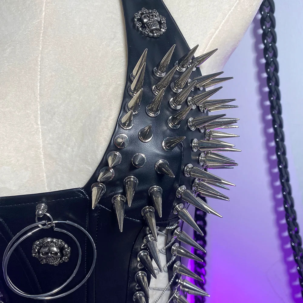 Bustier clouté en cuir vegan, style gothique, court et sexy