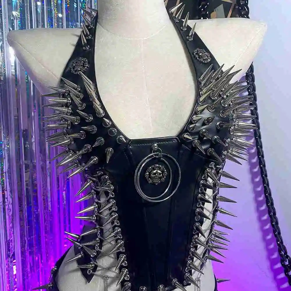Bustier clouté en cuir vegan, style gothique, court et sexy