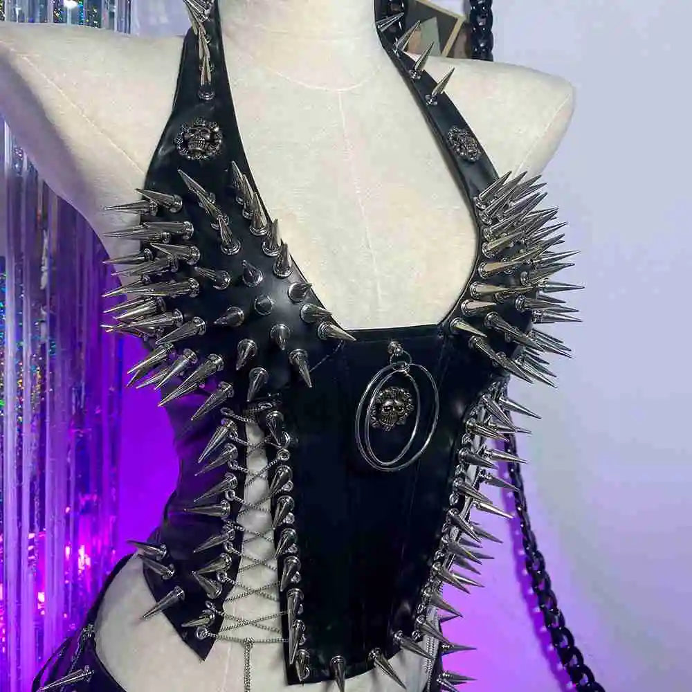Bustier clouté en cuir vegan, style gothique, court et sexy