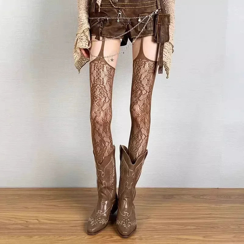 Collants Floraux Bas Colorés Cuissardes Résille Transparents Porte-Jarretelles