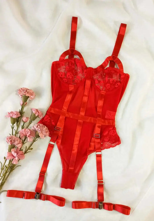 Ensemble de Lingerie Sexy dentelle jarretière avec tour de cou soutien-gorge à armatures et tongs Clickbing Market