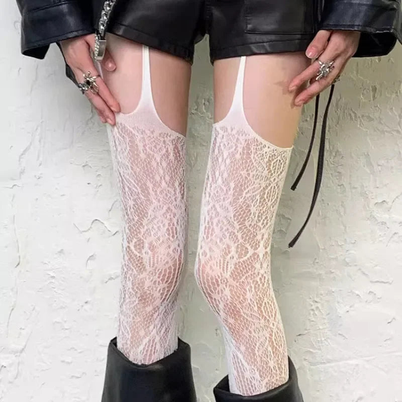 Collants Floraux Bas Colorés Cuissardes Résille Transparents Porte-Jarretelles