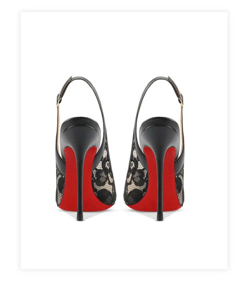 Sandales à talons hauts en dentelle noire avec bouts pointus