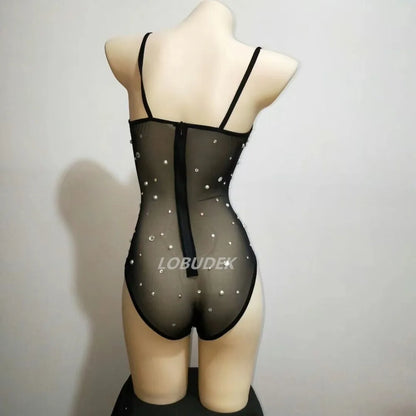 costume sexy transparent à strass