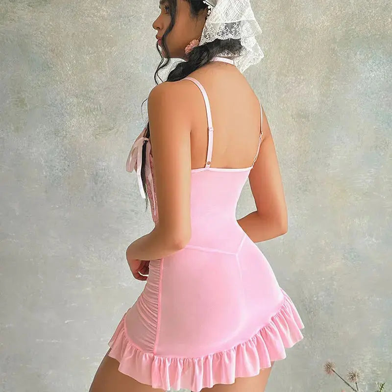 Chemise de nuit d'été en dentelle, vêtements de maison fins,vêtements de nuit exquis, érotique, col en v, soutien-gorge et culotte Clickbing Market