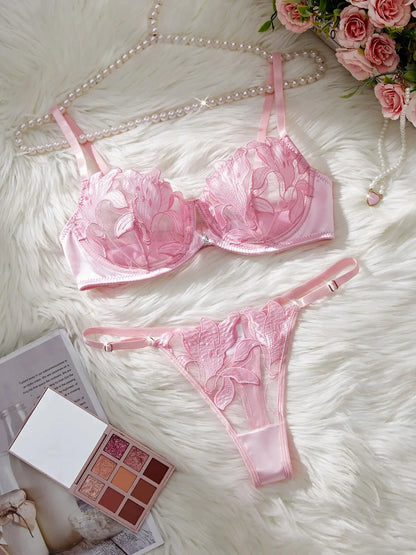 Ensemble de Lingerie Sexy brodé de fleurs pour femmes, Bralette transparente à armatures, soutien-gorge Push Up, culotte, ensemble de 2 pièces Clickbing Market