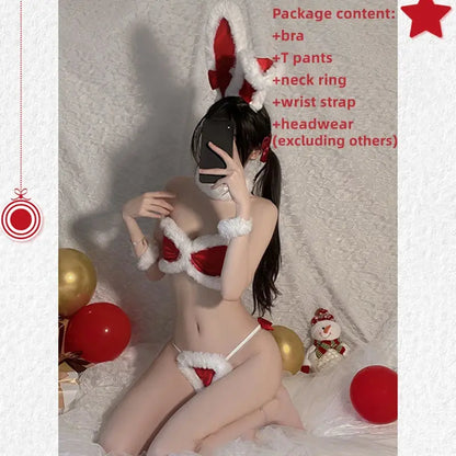 Ensemble de lingerie sexy rouge, lapin,soutien-gorge, culotte, peluche, col en V, Clickbing Market