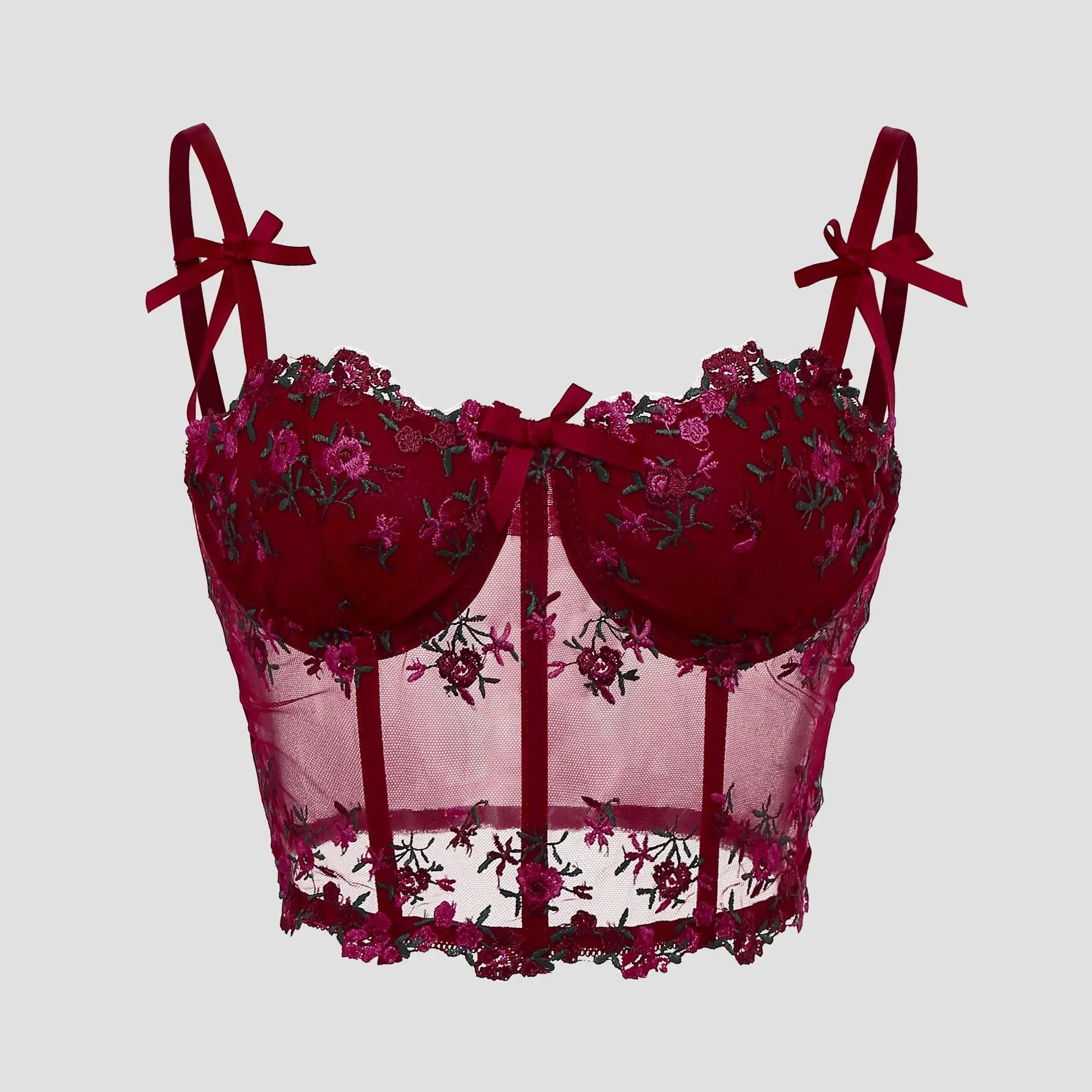 Corset Sexy en dentelle avec nœud brodé de fleurs Camisole en maille transparente Clickbing Market