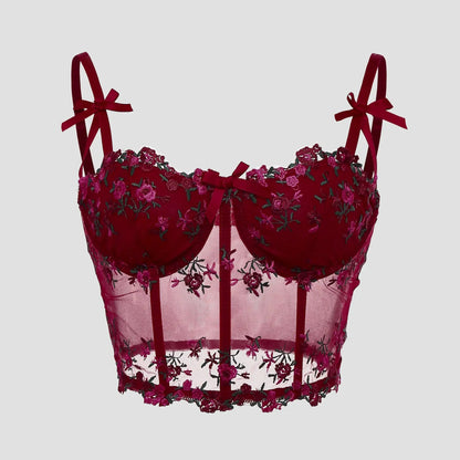 Corset Sexy en dentelle avec nœud brodé de fleurs Camisole en maille transparente Clickbing Market