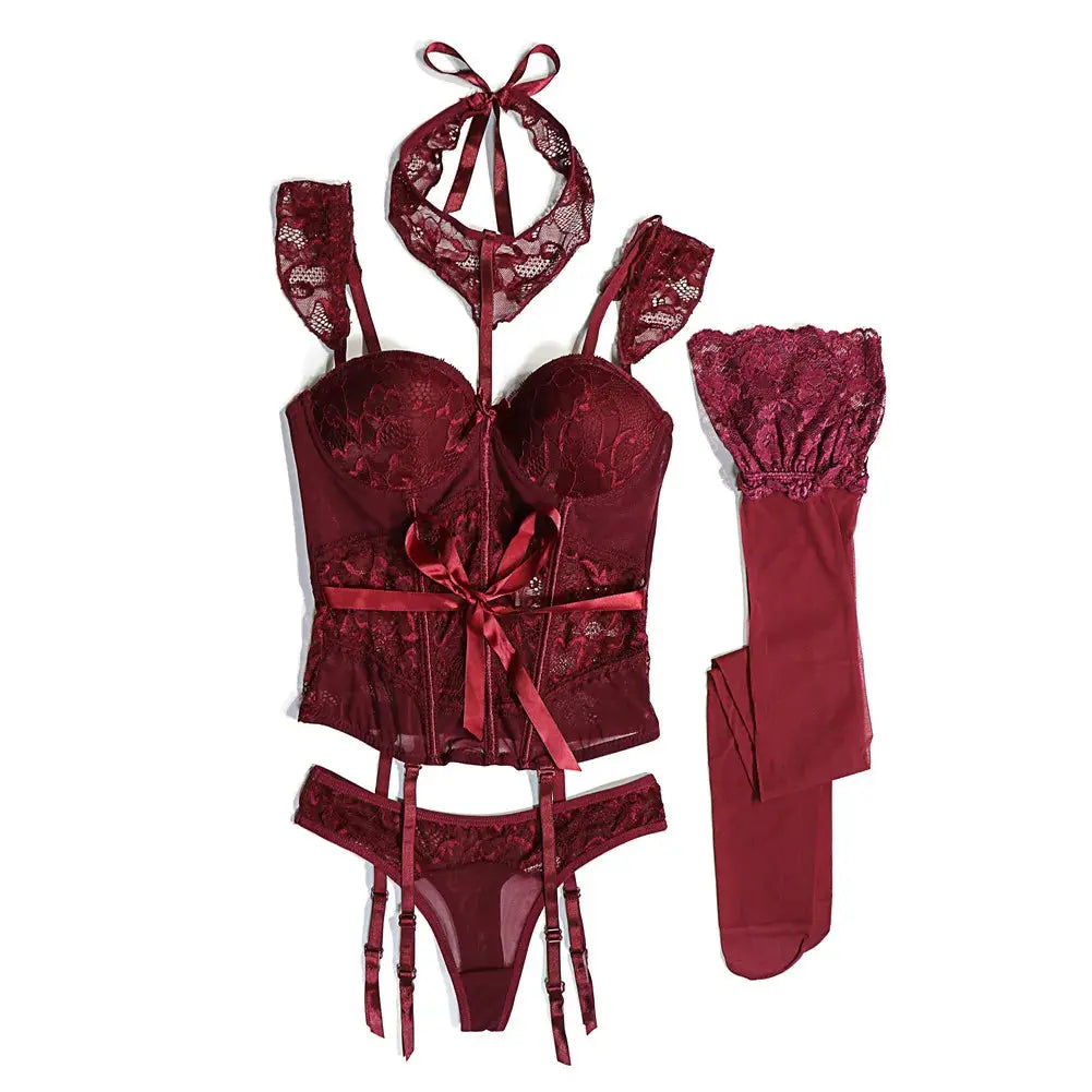 Sexy dentelle Corset corps Shapewear  avec bretelles bas tour de cou 4 pièces corps Clickbing Market