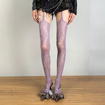 Collants Floraux Bas Colorés Cuissardes Résille Transparents Porte-Jarretelles