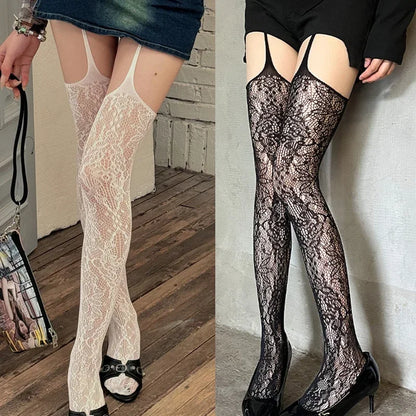 Collants Floraux Bas Colorés Cuissardes Résille Transparents Porte-Jarretelles