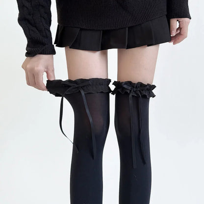 1 paire de bas doux, en dentelle, nœud, cuissardes