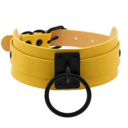 Collier ras du cou noir rond en métal et cuir