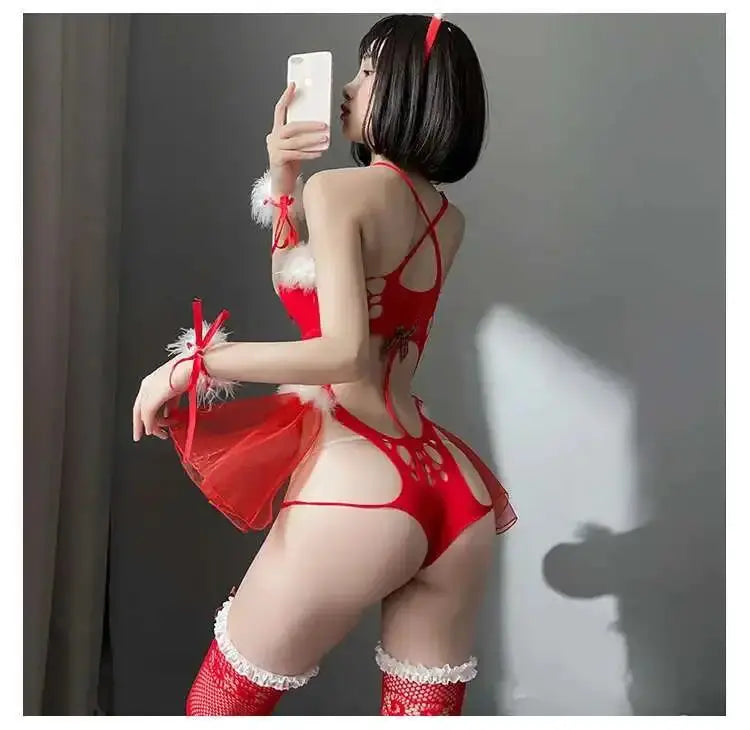 Body en maille Sexy, Costumes de noël avec bas, Lingerie rouge, sous-vêtements Clickbing Market