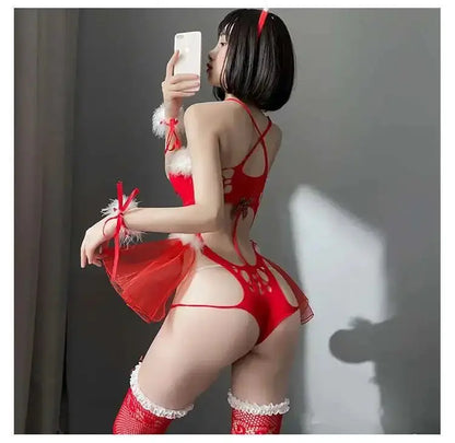 Body en maille Sexy, Costumes de noël avec bas, Lingerie rouge, sous-vêtements Clickbing Market