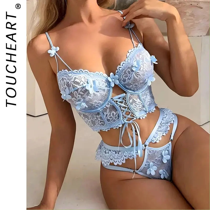 Lingerie sangle à armatures dentelle soutien-gorge Sexy perlé 3D fleur évider transparent à lacets Clickbing Market