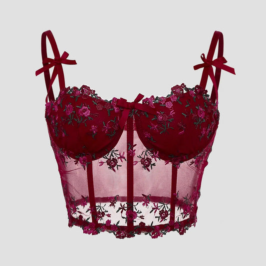 Corset Sexy en dentelle avec nœud brodé de fleurs Camisole en maille transparente Clickbing Market