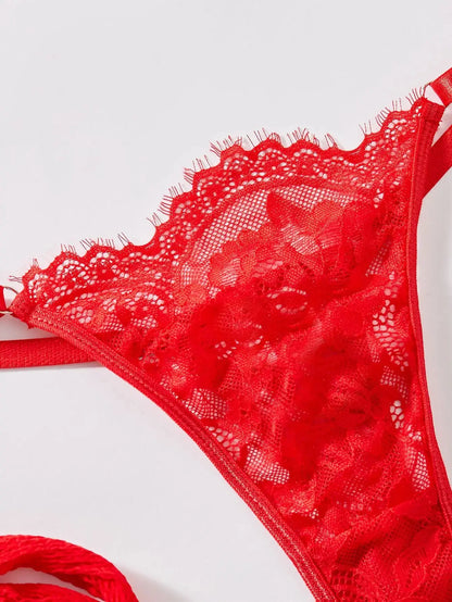 Lingerie sexy dentelle perspective tentation jarretelle string rouge ensemble de quatre pièces Clickbing Market