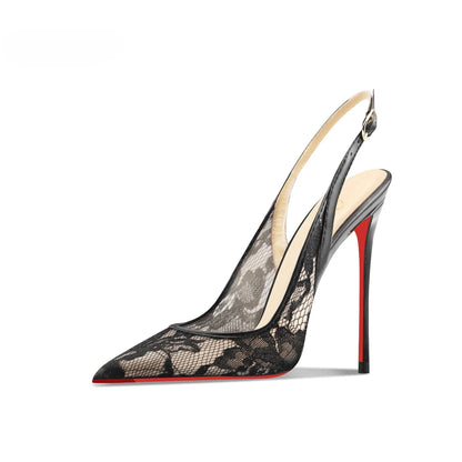 Sandales à talons hauts en dentelle noire avec bouts pointus