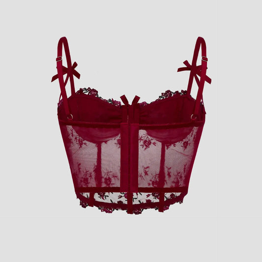 Corset Sexy en dentelle avec nœud brodé de fleurs Camisole en maille transparente Clickbing Market