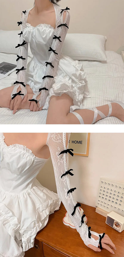 Gants, nœud floqué, châle en dentelle