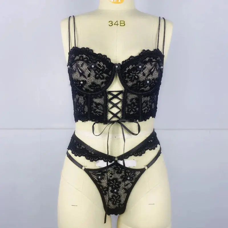 Lingerie sangle à armatures dentelle soutien-gorge Sexy perlé 3D fleur évider transparent à lacets Clickbing Market