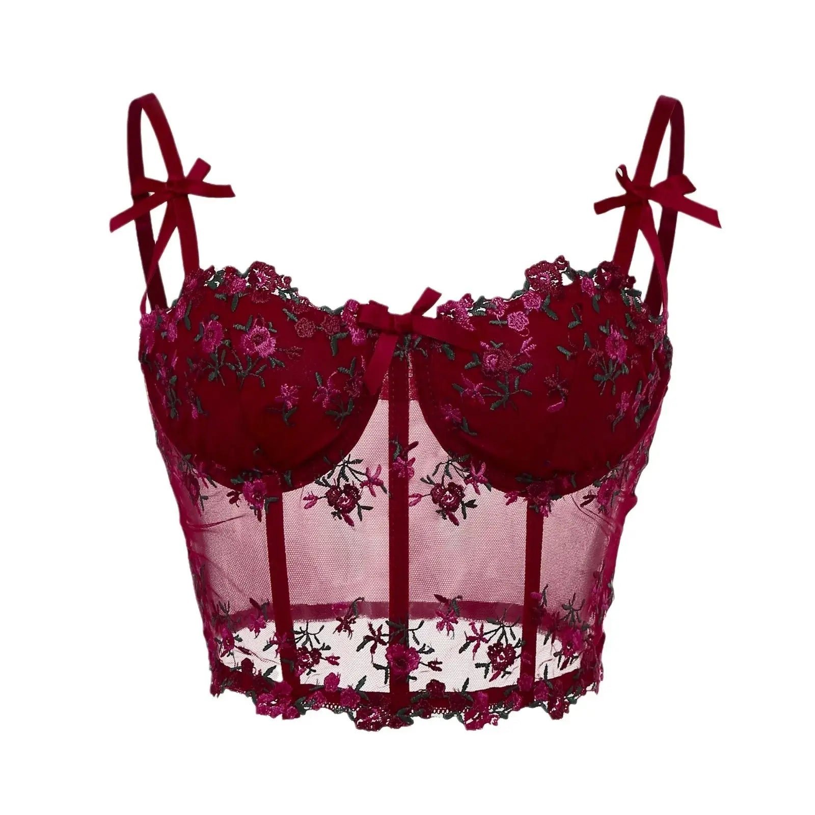 Corset Sexy en dentelle avec nœud brodé de fleurs Camisole en maille transparente Clickbing Market