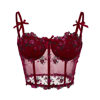 Corset Sexy en dentelle avec nœud brodé de fleurs Camisole en maille transparente Clickbing Market
