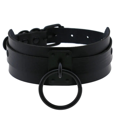Collier ras du cou noir rond en métal et cuir