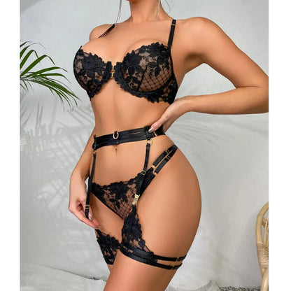 Ensemble de Lingerie brodée en dentelle florale, soutien-gorge et culotte transparents, sous-vêtements Sexy, intimes, porno érotique Clickbing Market