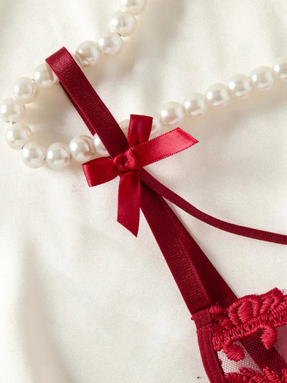 Chemise de nuit semi-transparente brodée style campagne rouge vin élégante et confortable Clickbing Market