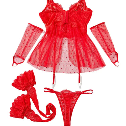Lingerie sexy dentelle perspective tentation jarretelle string rouge ensemble de quatre pièces Clickbing Market