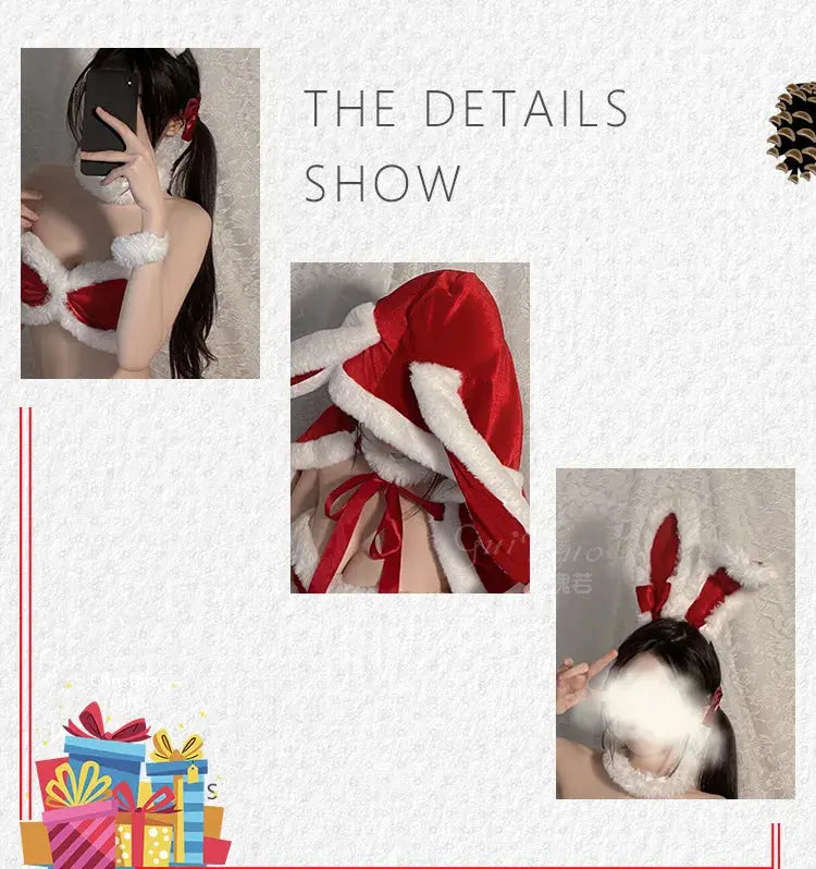 Ensemble de lingerie sexy rouge, lapin,soutien-gorge, culotte, peluche, col en V, Clickbing Market