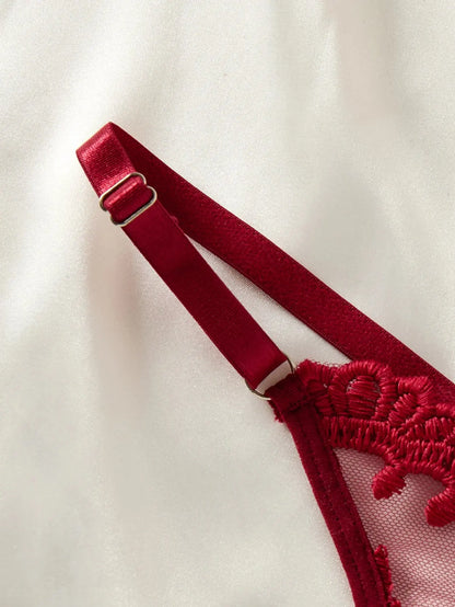 Chemise de nuit semi-transparente brodée style campagne rouge vin élégante et confortable Clickbing Market