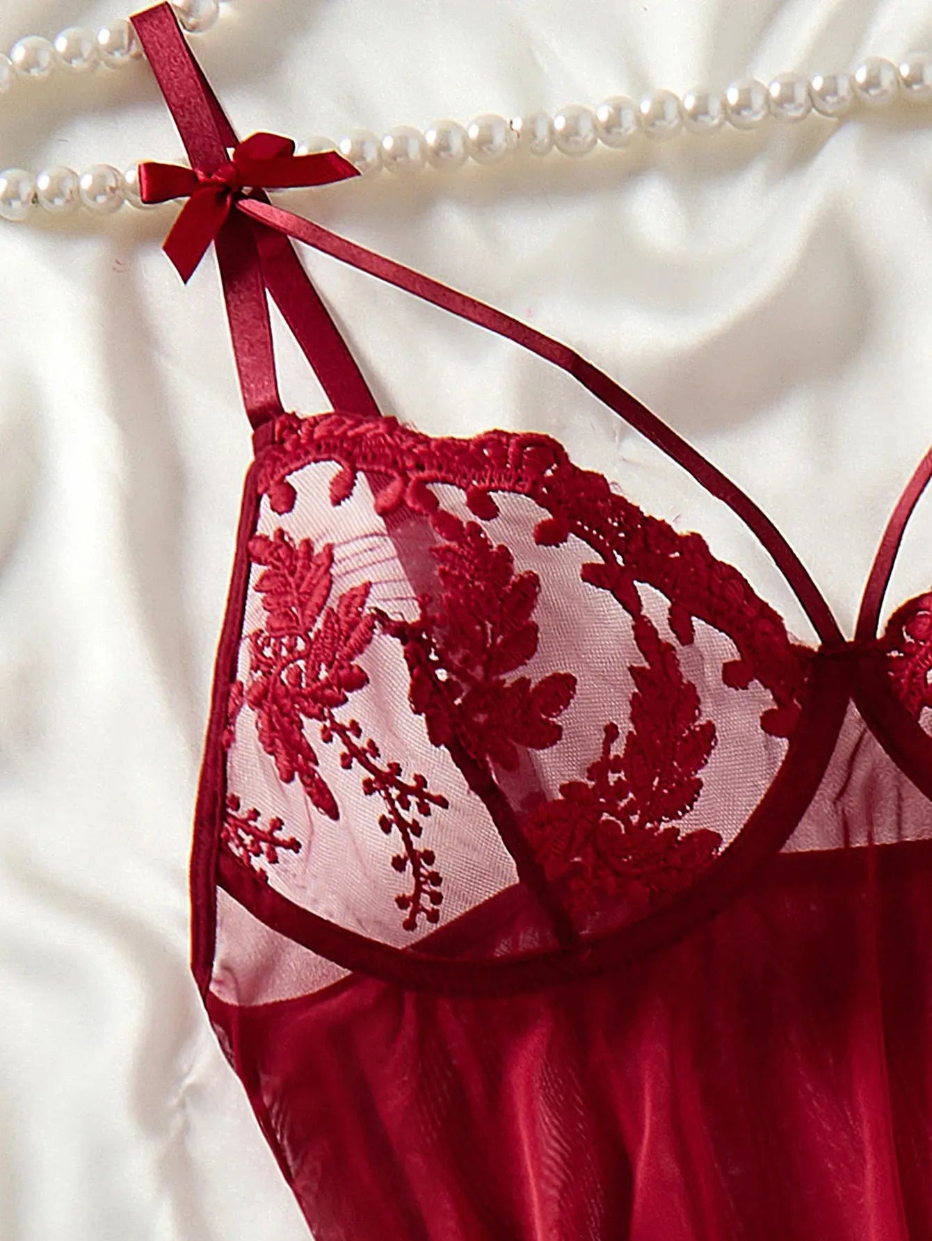 Chemise de nuit semi-transparente brodée style campagne rouge vin élégante et confortable Clickbing Market