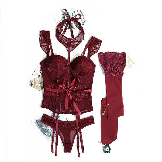 Sexy dentelle Corset corps Shapewear  avec bretelles bas tour de cou 4 pièces corps Clickbing Market