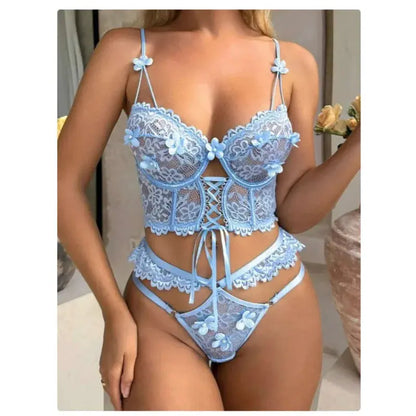 Lingerie sangle à armatures dentelle soutien-gorge Sexy perlé 3D fleur évider transparent à lacets Clickbing Market